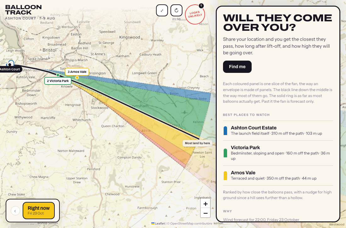 Balloon Track: a map of predicted flight paths and a panel asking will they come over you