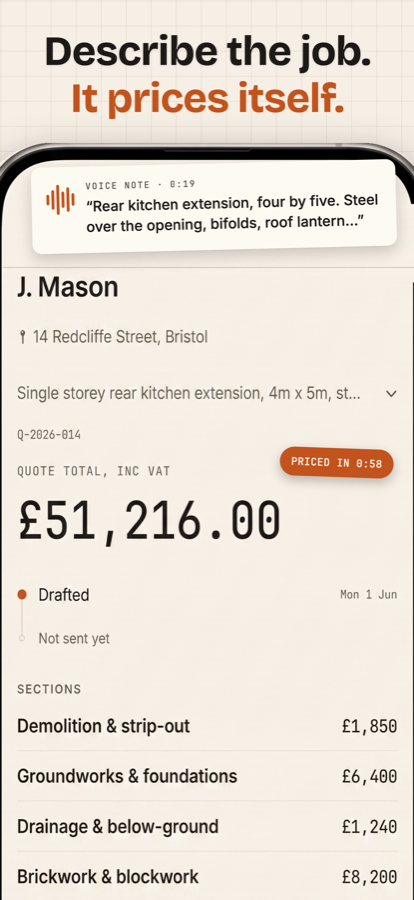 BuildDuh app screenshot: a 19-second voice note becomes a £51,216 quote broken into priced sections