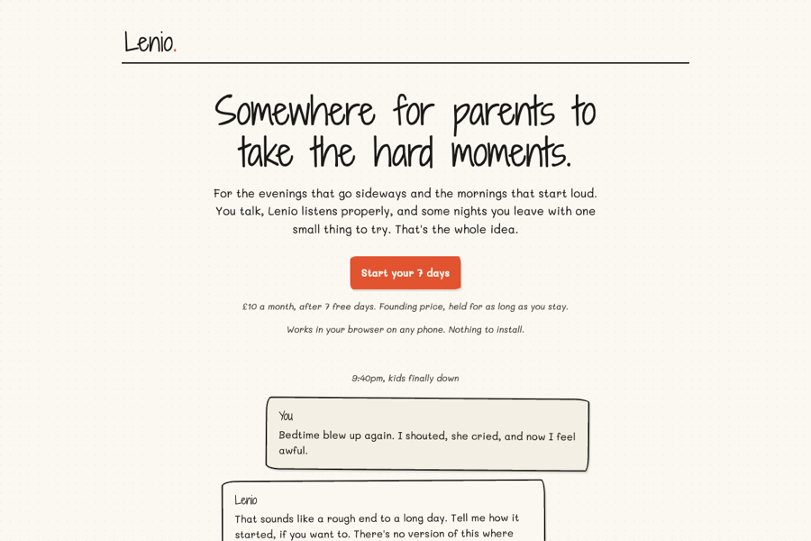Lenio's landing page: somewhere for parents to take the hard moments, with a conversation starting at 9:40pm after a bedtime blow-up