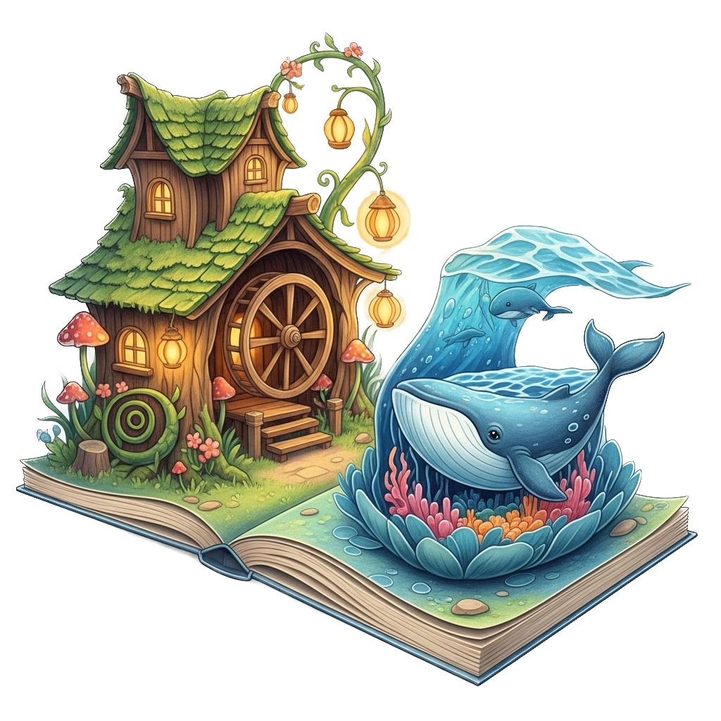 Tiny Story Mill - whimsical storybook illustration with treehouse and whale