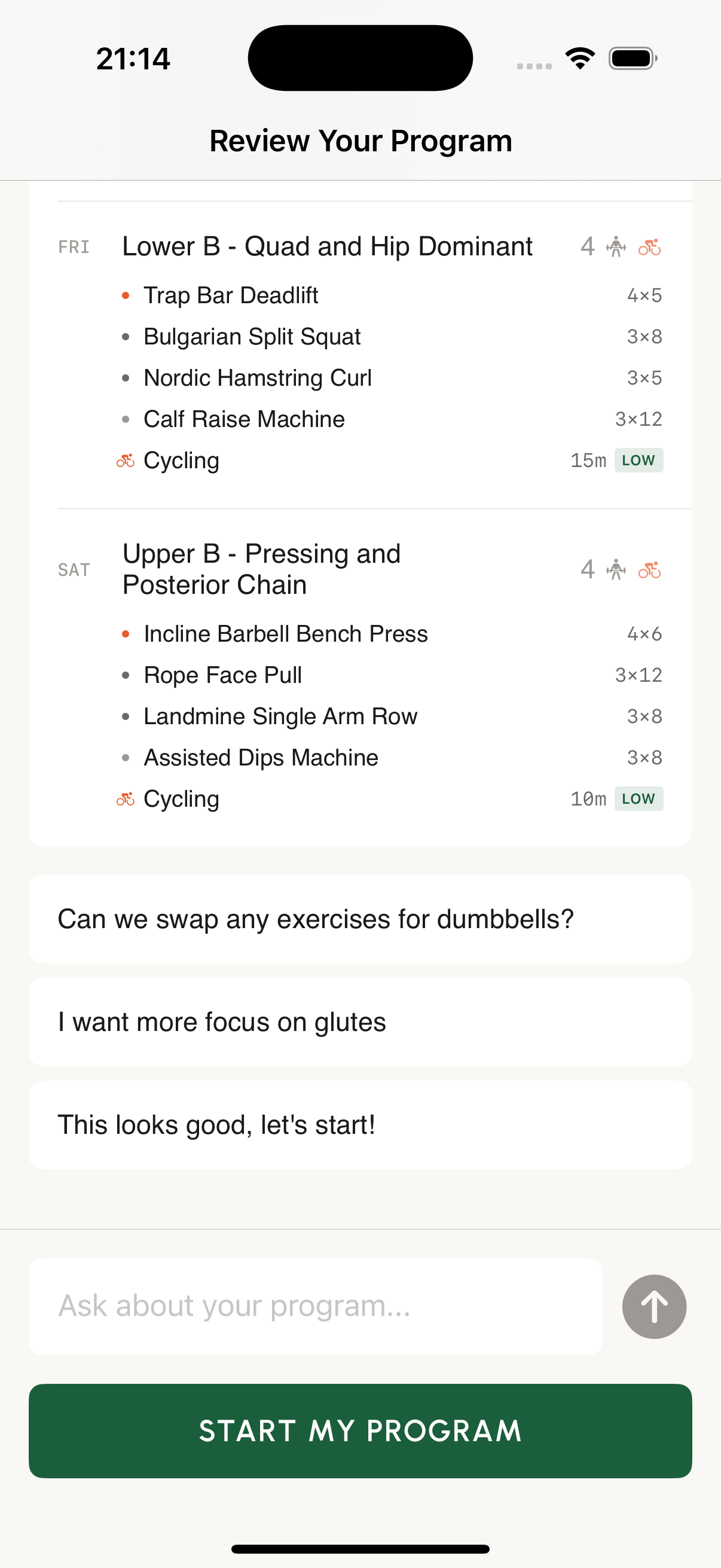 Conversational coaching interface with quick action chips to swap exercises or adjust focus