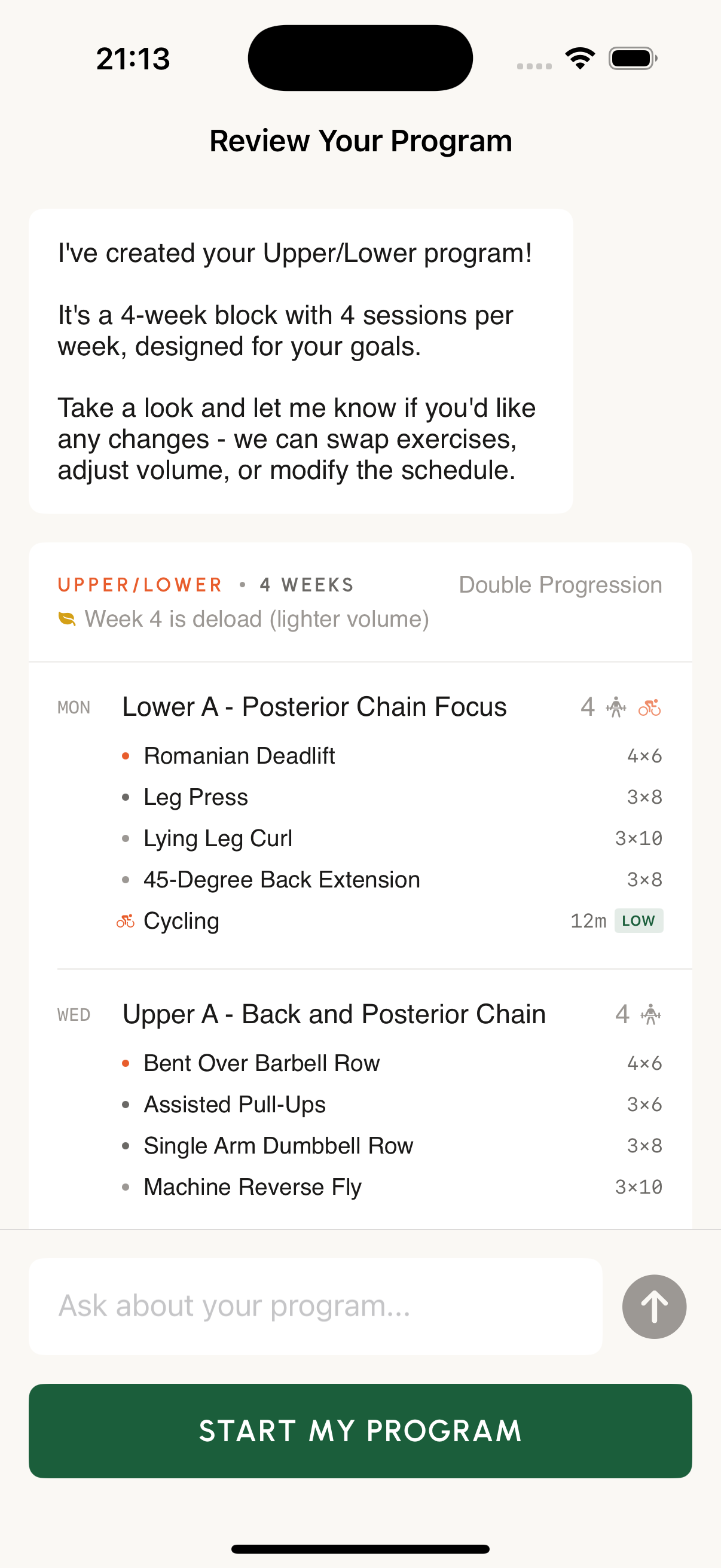 AI-generated personalised workout program showing Upper/Lower split with exercises, sets and reps